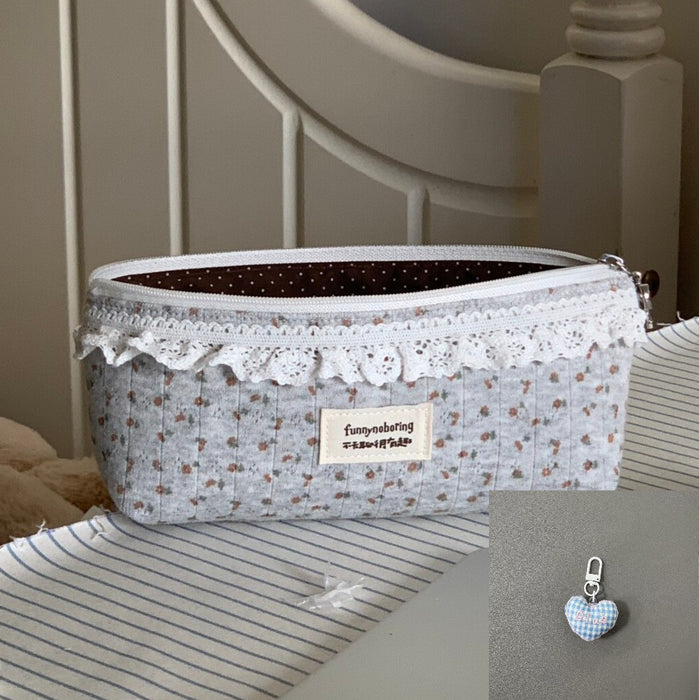 Wholesale Canvas Cream Floral Pencil Case Large Capacity Makeup Bag