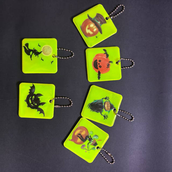 Wholesale  Reflective Square Chain Keychain With PVC Pumpkin Lantern Bat Witch Charms Decorative Car Key Accessory Gift