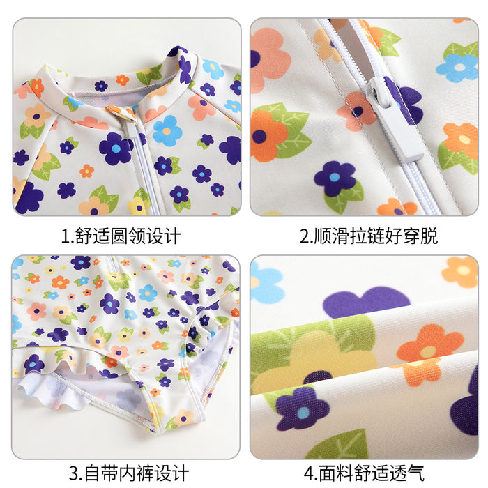 Wholesale New children's swimsuit with female fungus lace floral long sleeves to cover the belly, conservative one-piece swimsuit for girls and babies