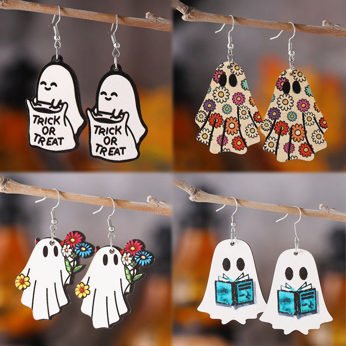 Wholesale  Gothic Style Cute Ghost Flower Book Pocket Ghost Pendant Wooden Double-Sided Earrings