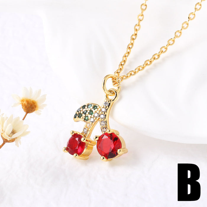 Wholesale Jewelry  Fruit Cherry Pendant Necklace Women Gold Plated Oil Drop Collarbone Chain