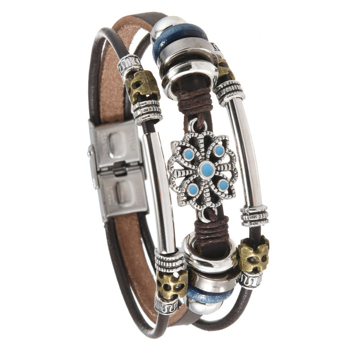 Wholesale Lace multi-layer leather stainless steel bracelet for couples