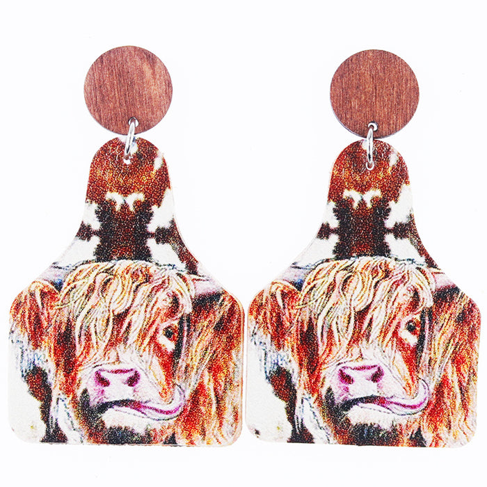 Wholesale Western Old Style Cow Sunflower Leopard Print Leather Bottle Shape Wooden Disc Splicing Earrings