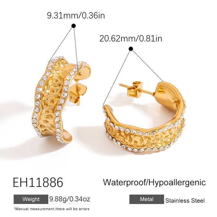 Wholesale Stainless Steel Earrings Asymmetrical Geometric Circle Earrings Workplace Accessible Luxury Pleated Semicircle Earrings with Diamonds