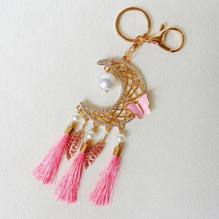 Wholesale Pink Dream Catcher Keychain Rhinestone Tassel Feather Zinc Alloy Chic Gift MOQ≥12