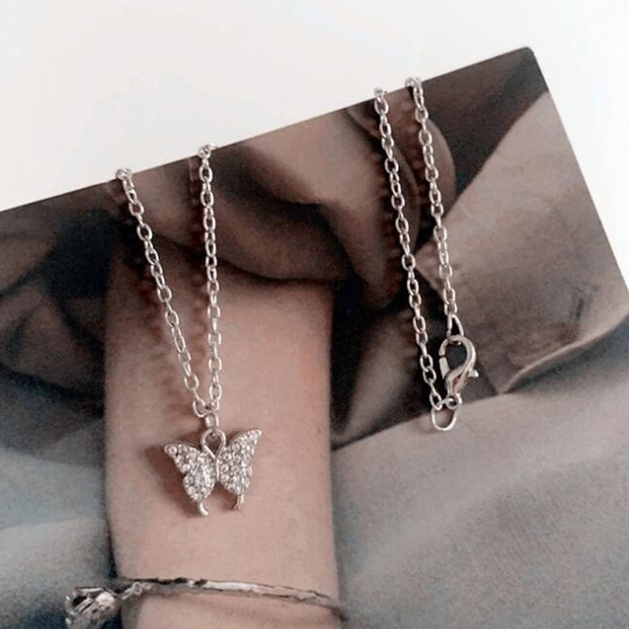 Wholesale Double-layer Butterfly Necklace ~ Flash Diamond  Chain