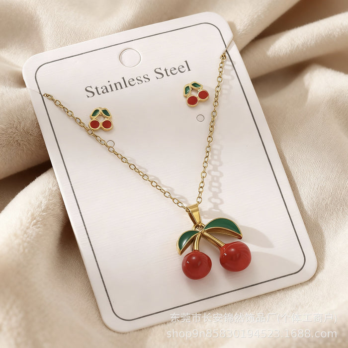 Wholesale 18K Gold Cherry Stainless Steel Earring and Necklace Set