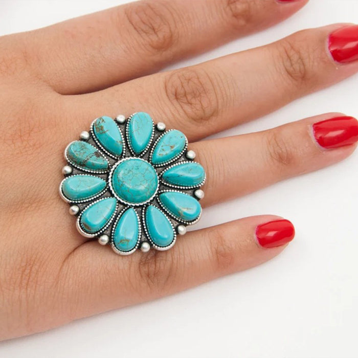 Wholesale Retro Bohemian Turquoise Flower Open Ring Alloy Fashion Accessory