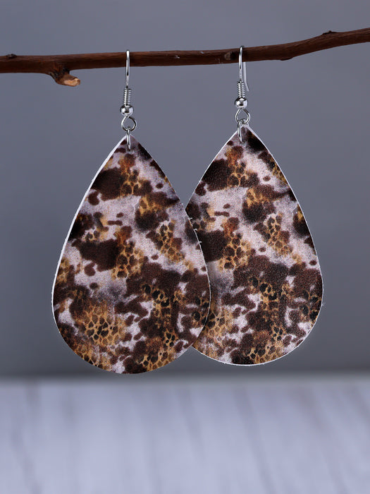 Wholesale Water Drop Shape Leather Sunflower Leaf Stripe Print Earrings JDC-ES-YiTian009