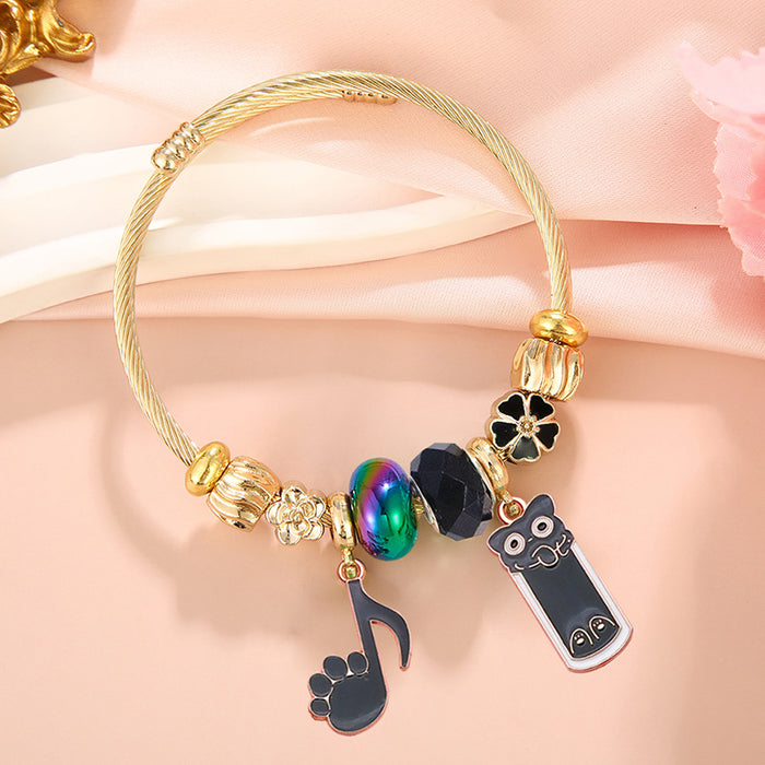 Wholesale Cute Cartoon Black Cat Pendant Stainless Steel Open Adjustable Bracelet Jewelry MOQ≥2 Accessory for Women