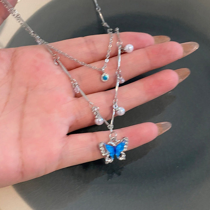 Wholesale Summer sea blue pearl butterfly necklace dress accessories double-layer collarbone chain