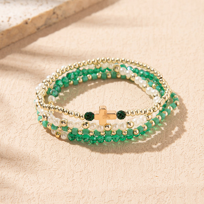 Wholesale Colorful Crystal Elastic Bracelets Ins Style Niche Stacked Cross Bracelet Set