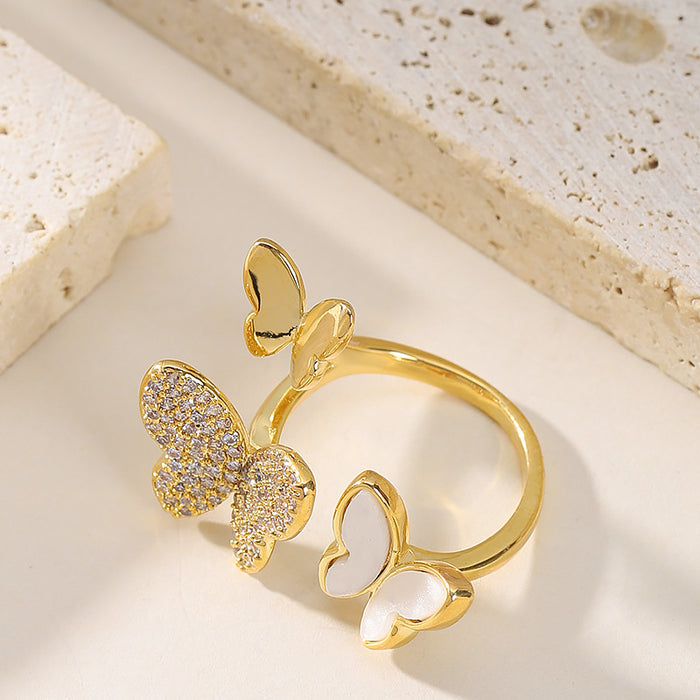 Wholesale Diamond-Encrusted Zircon Butterfly Open Ring Adjustable Finger Ring