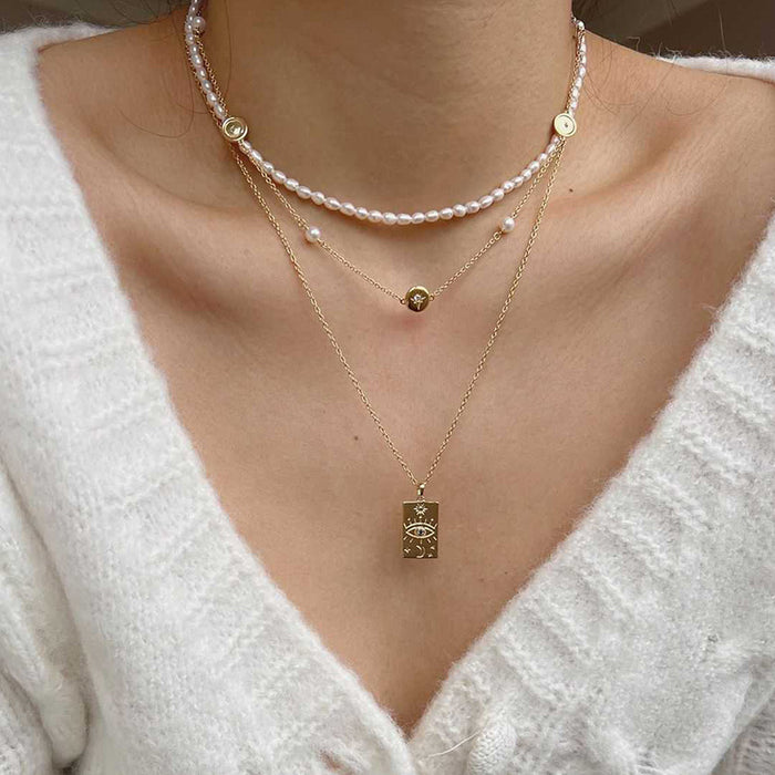 Wholesale New Fashion Pearl Chain Stacked Necklace Geometric Eye Pendant