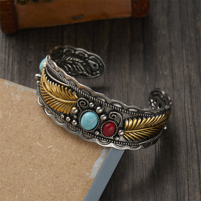 Wholesale Retro Ethnic Style Two-color Leaf Pattern Bracelet JDC-BT-GangM001