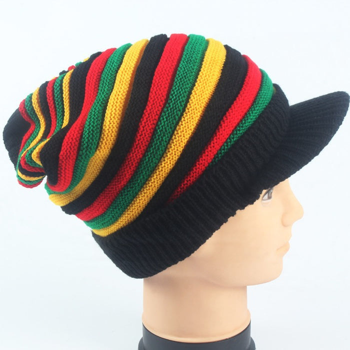 Wholesale Beanie Hat with Brim Colorful Stripes Long Rainbow Acrylic Knitted Beanie Hat JDC-FH-LvH017