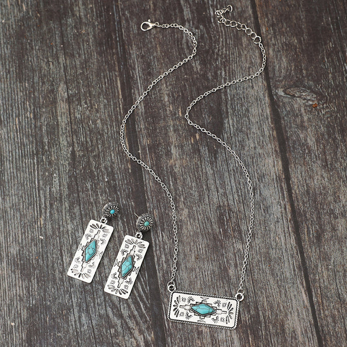 Wholesale Retro style pumpkin flower patchwork geometric turquoise alloy earrings necklace set