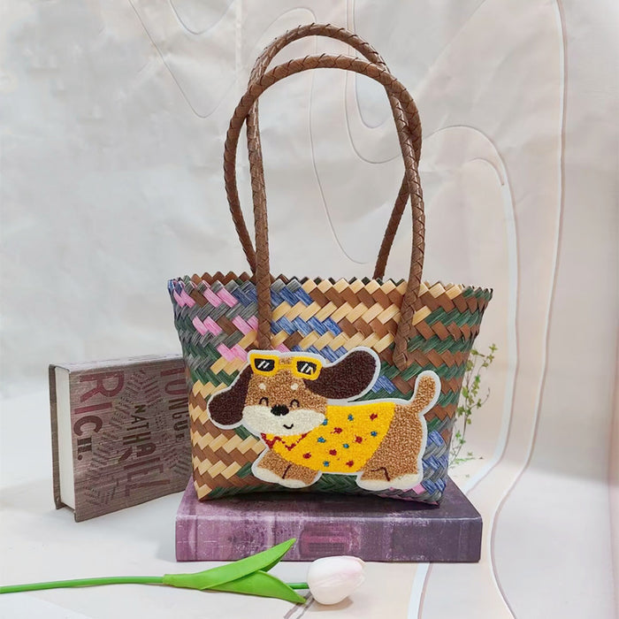 Wholesale Cartoon Woven Bag Large Capacity Work Bag Hand Woven Vegetable Basket Handbag