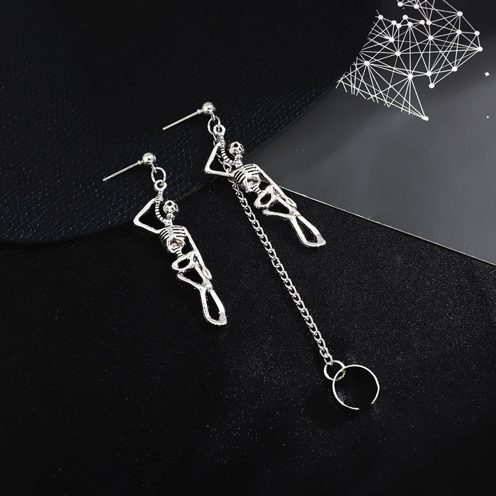 Wholesale alloy skull earrings trendy asymmetric chain ear clip Halloween couple jewelry