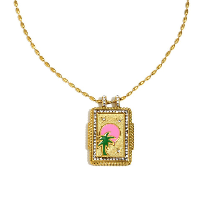 Wholesale Stainless steel jewelry trendy gold plated tarot card square pendant with dripping oil round flower necklace