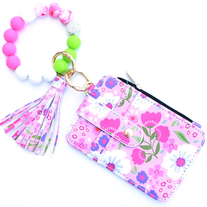 Wholesale PU Women's Leather Coin Purse Card Holder Silicone Wrist Daisy Floral DIY Beaded Women's Keychain