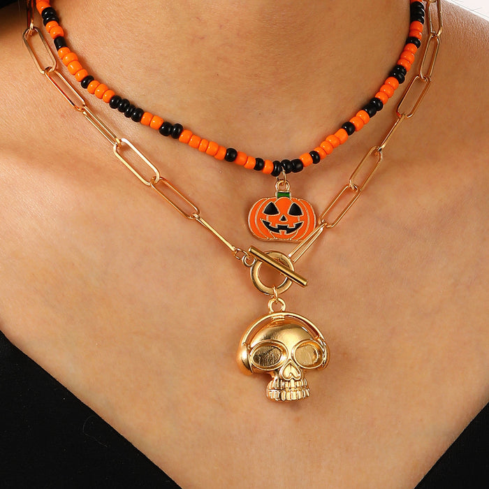 Wholesale Skull Ghost Pumpkin Bat Pendant Necklace Women's Beaded Bracelet suit Halloween