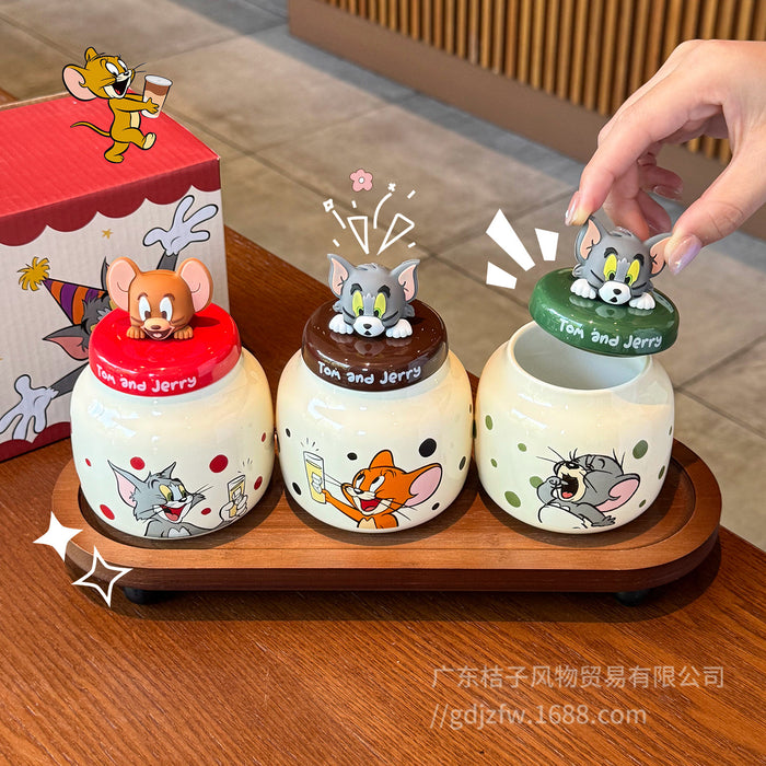 Wholesale Cute cartoon pattern household airtight ceramic jars for kitchen organizers