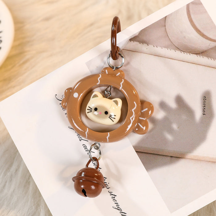 Wholesale Cartoon Cat Eating Fish 3D Keychain With Bell Blue Plastic Key Ring Fashion Bag Charm Accessory