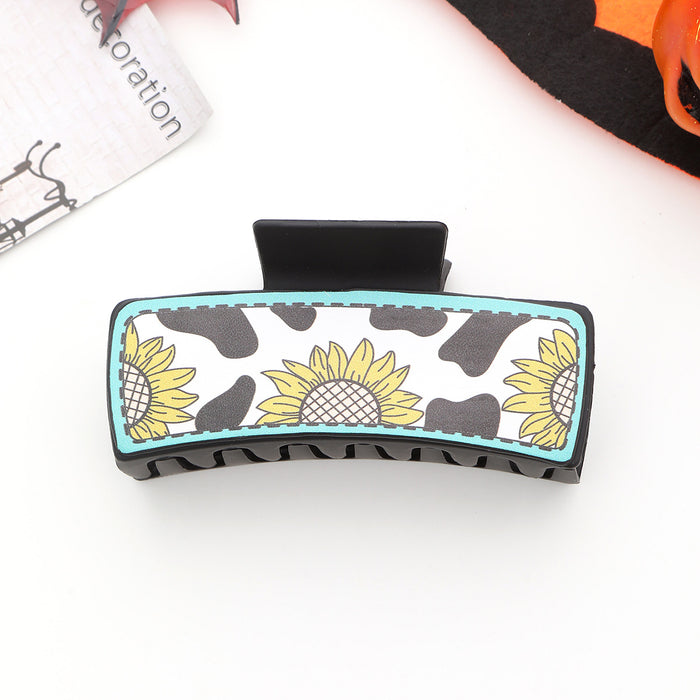 Wholesale Western Cowboy Style Sunflower Cow Pattern Leather Women' s Hairpin Grabber Shark Clip Hair Accessories Clip