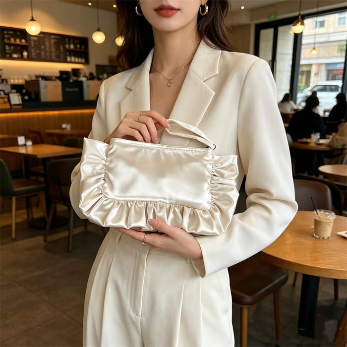 Wholesale Stylish Satin Finish Ruffle Trim Clutch Handbag Wine Red Polyester Small Evening Purse For Women Zipper Closure Party Bag