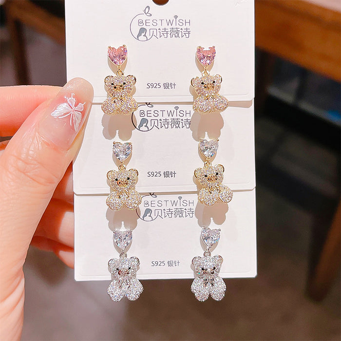 Wholesale Zircon Bear Love Earrings Silver Needle Cartoon Elegant Earrings New Earrings