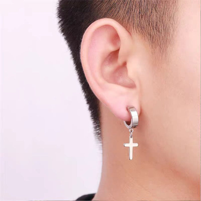 Wholesale Stainless steel cross earrings with niche design, no ear holes, ear clips, cool style, boys' earrings