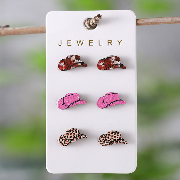Wholesale Western style leopard print cow pattern turquoise pattern cowboy hat earring set wooden earrings gift