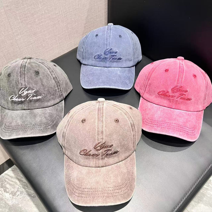 Letter Embroidery Washed Baseball Cap Spring Summer Large Head Circumference Trendy Denim Duckbill Cap Wide Brim Face-Slimming Hat
