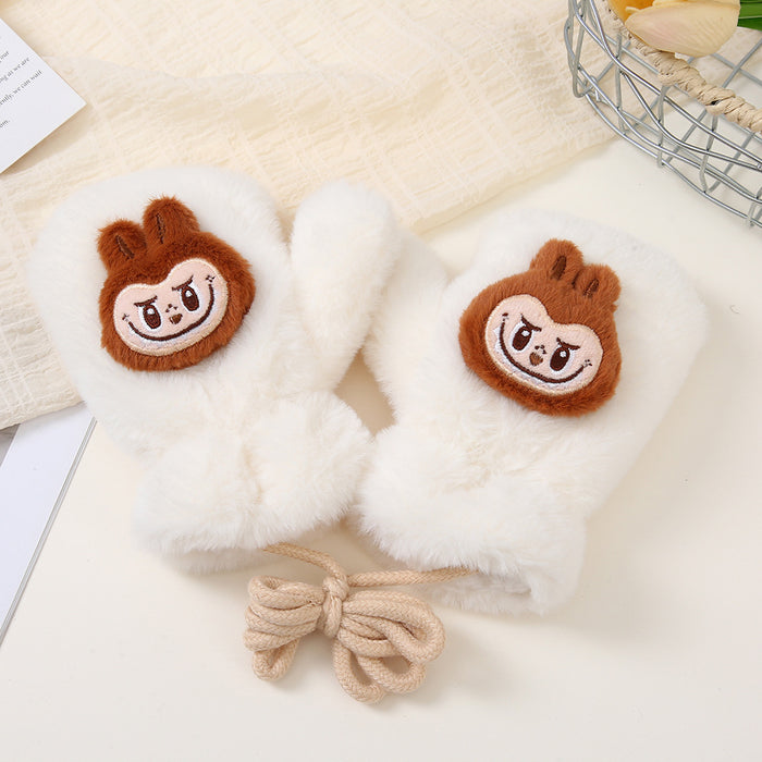 Wholesale Cute cartoon-style faux rabbit fur thickened kids' gloves with drawstring to prevent loss