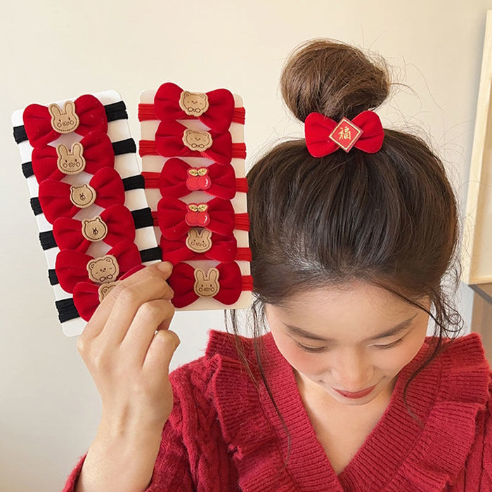 Wholesale New Year red bow hair band high elastic new year headdress baby rubber band children's festive hair accessories ponytail hair rope