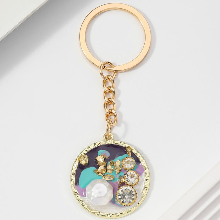 Wholesale Alloy Round Plate Inlaid Diamond Pearl Keychain JDC-KC-RongRui067