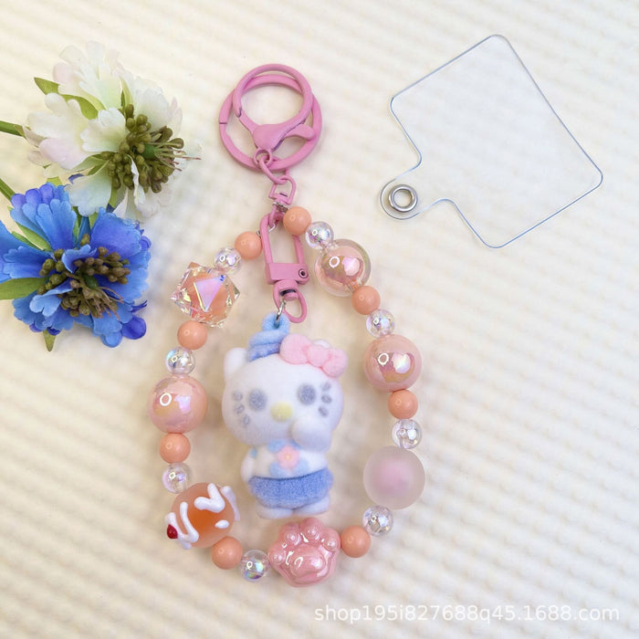Wholesale Flocked kitten fun girly colorful beaded mobile phone chain keychain bag doll pendant accessories