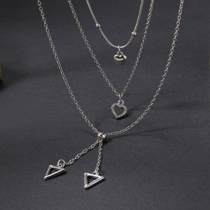 Wholesale Jewelry niche geometric diamond inlaid love pendant design sense tassel multi-layer necklace silver