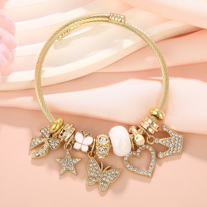 Wholesale Butterfly &  Love Rhinestone Pendant Beaded Bracelet Stainless Steel Fashion Accessory for Women Gift