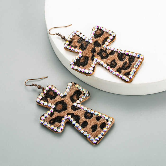 Wholesale Cross Shape Double Sided Printed Leopard Earrings JDC-ES-Hem004