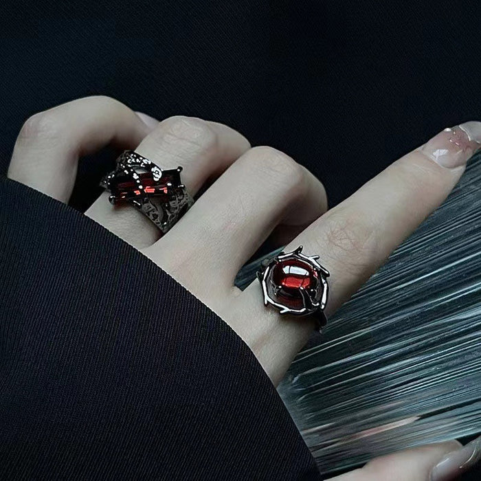 Wholesale Vintage red geometric gemstone design ring, niche personality punk hollow texture metal ring