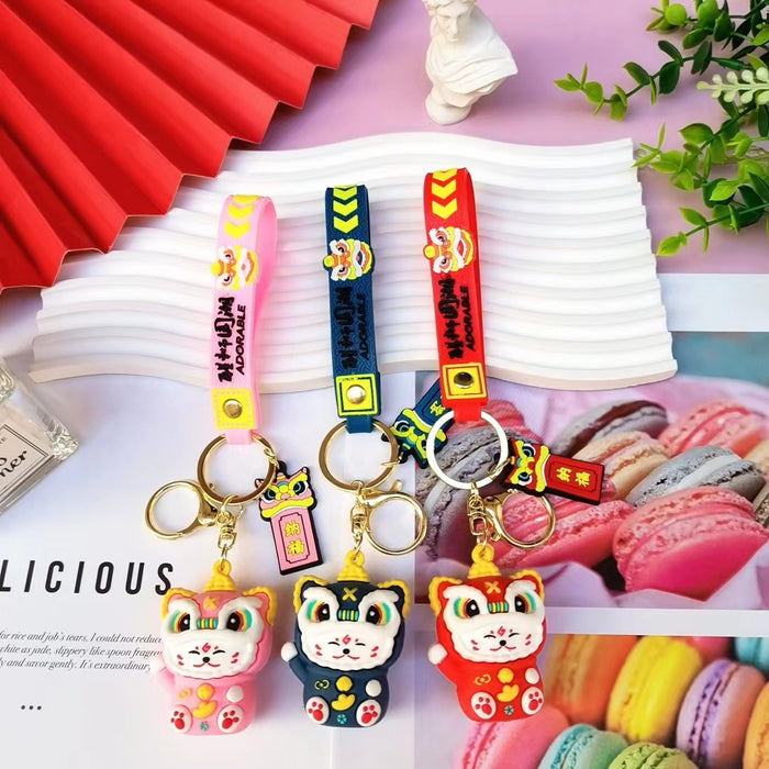 Wholesale Cartoon National Fashion Lion Dance Lucky Cat Keychain Pendant Chinese Red Couple Doll Small Pendant Personalized Car Pendant