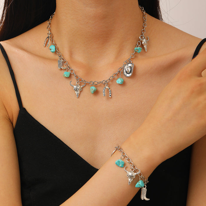Wholesale Bohemian Ethnic Style Zinc Alloy Jewelry Set Cow Head Design Necklace and Bracelet