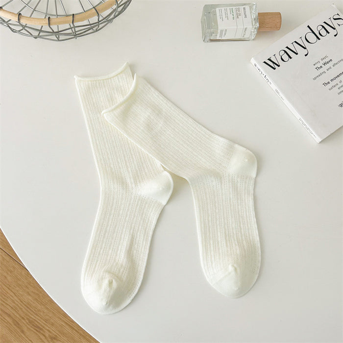 Wholesale Thin socks, children's summer hollow mesh pile socks, rolled edge socks, solid color mid tube socks