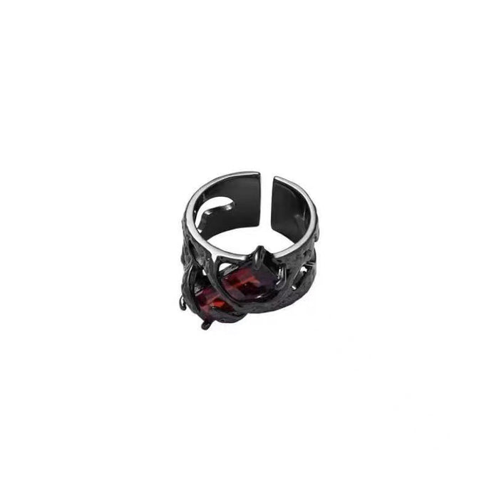 Wholesale Vintage red geometric gemstone design ring, niche personality punk hollow texture metal ring
