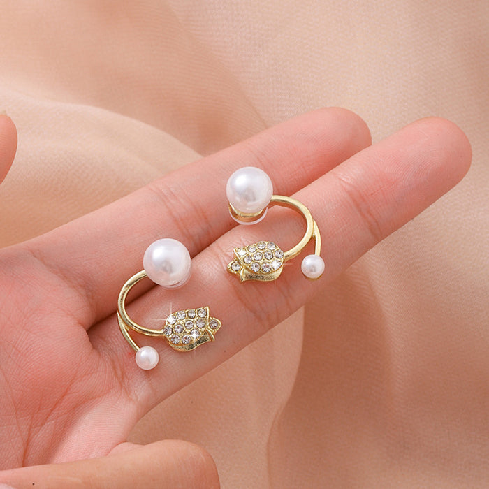 Wholesale A pair of diamond studded pearl tulip earrings with a simple and versatile personality, fashionable earrings and accessories