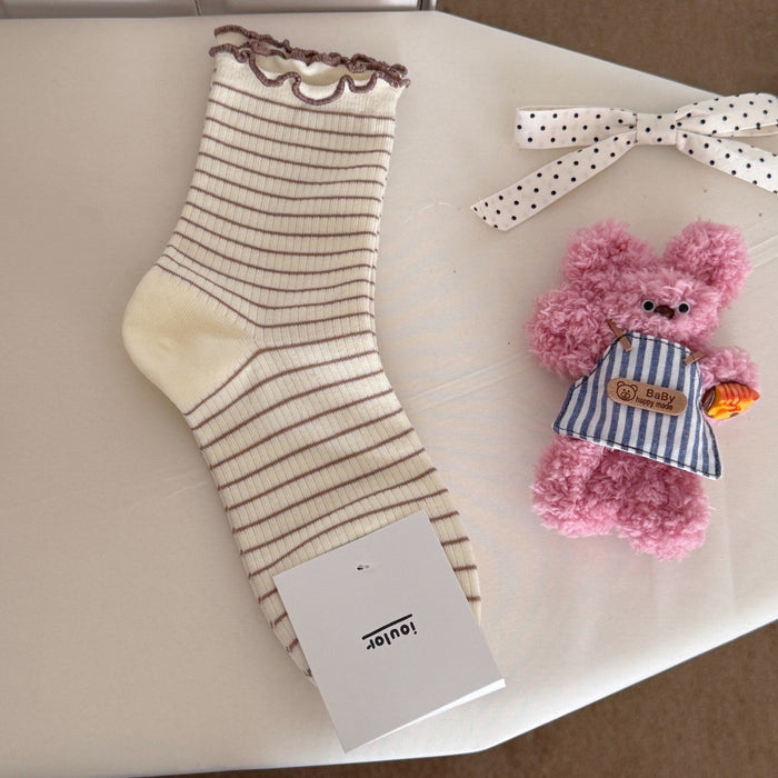 Wholesale Curled striped socks, mid tube socks, boneless socks, cotton socks