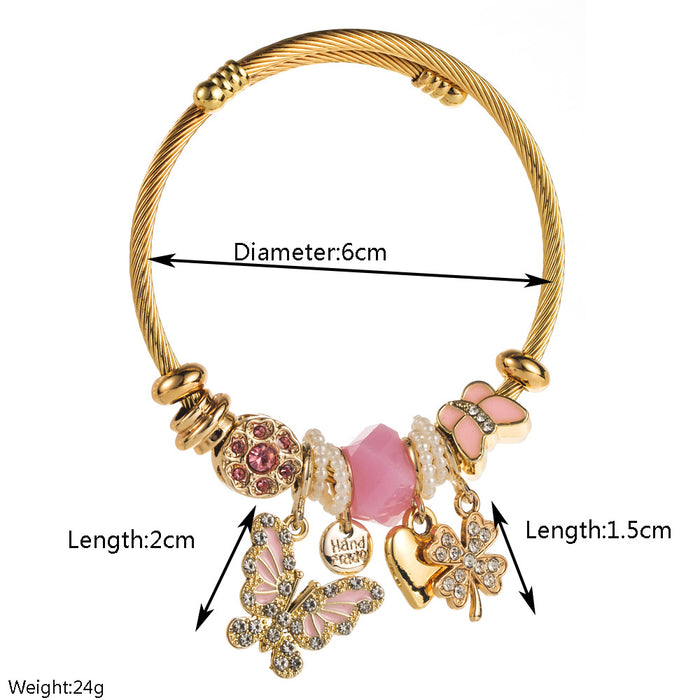Wholesale Chic Adjustable Women S Bracelet With Butterfly Heart Clover Charms Alloy Pink Fashion Jewelry Accessory