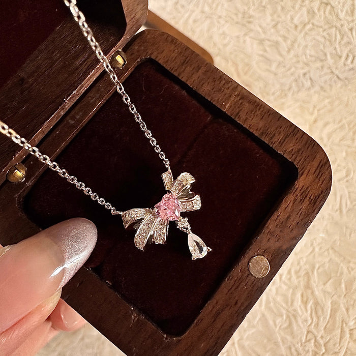 Wholesale Butterfly Knot Water Drop Necklace Jewelry Zircon Niche Light Luxury Pendant Design Clavicle Chain